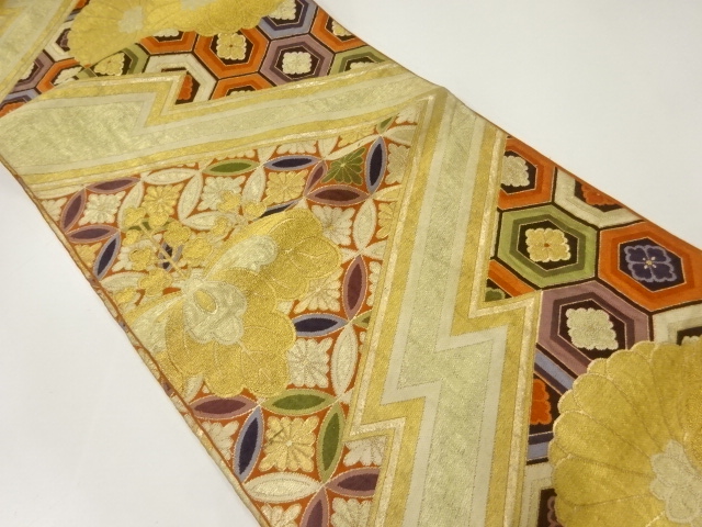 JAPANESE KIMONO / ANTIQUE FUKURO OBI / SILK / WOVEN MATSUKAWABISHI & FLOWERS